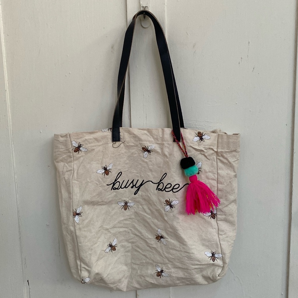 Bee Print Canvas Tote Bag Leather Handles Tassel Charm
